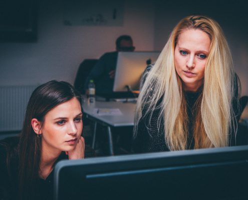 Twee dames zitten achter de computer